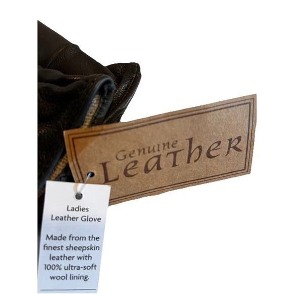 Womens Genuine Sheepskin Leather Gloves w 100% Wool Lining Black W Bow Sz M/L - Picture 6 of 9